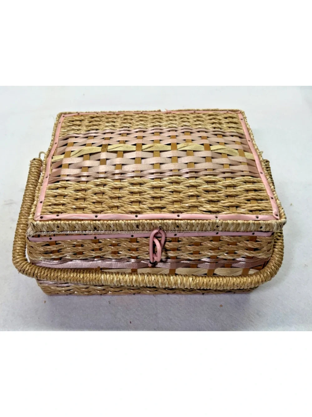 Woven Vanity Jewelry Box Pink Trim Satin Lined Hinged Basket Vintage Storage